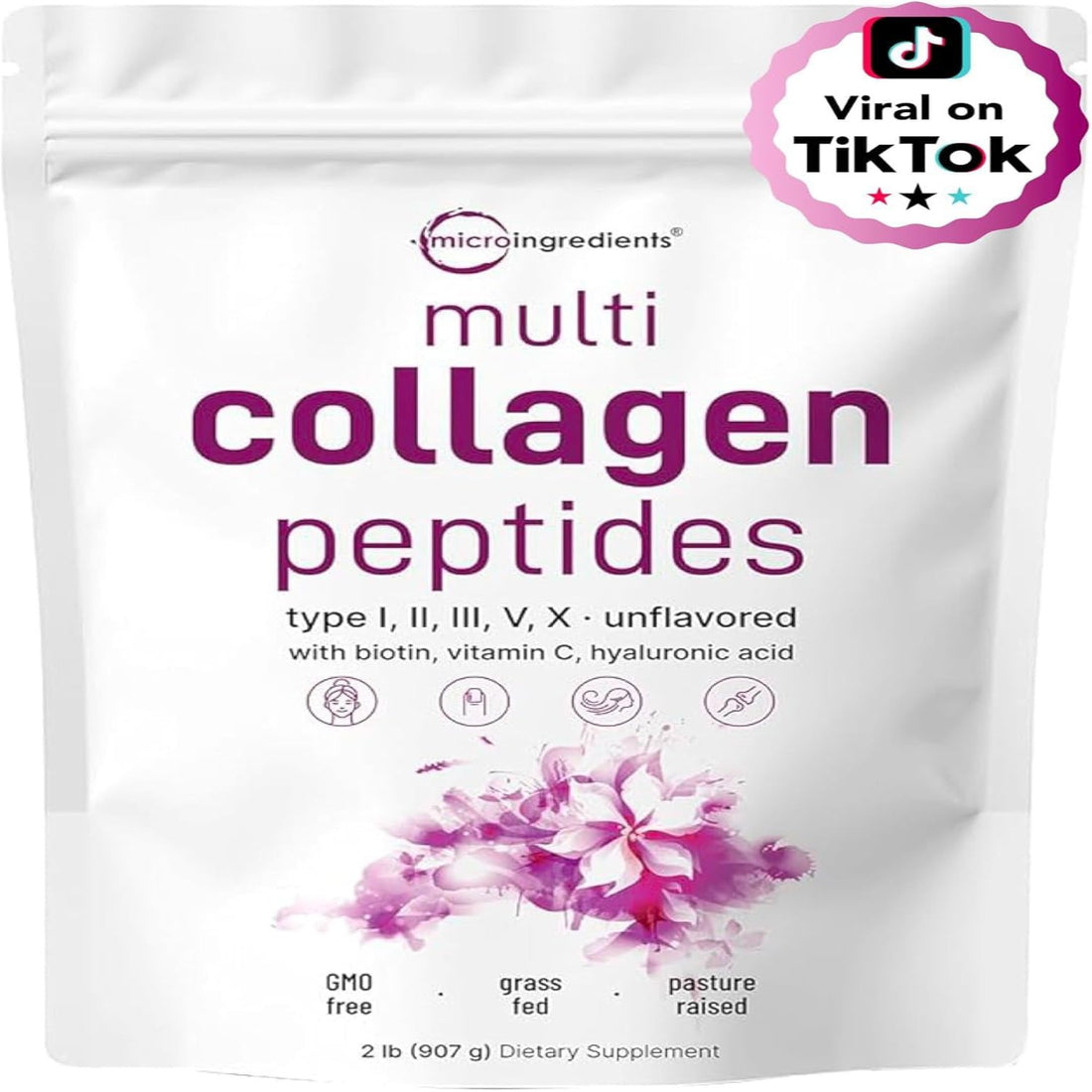 Multi Collagen Protein Powder, 2 Pounds – Type I,II,III,V,X with Biotin, Hyaluronic Acid, Vitamin C – Unflavored Collagen Peptides – Keto &amp; Paleo Friendly, Easy Dissolve, Non-Gmo