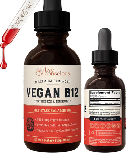 Vegan Vitamin B12 Sublingual Liquid Drops by - Methylcobalamin Max Strength B12 5000Mcg Formula - Vegan B 12 Vitamin Support Energy, Promote Memory &amp; Aid Immune System - 60 Serving