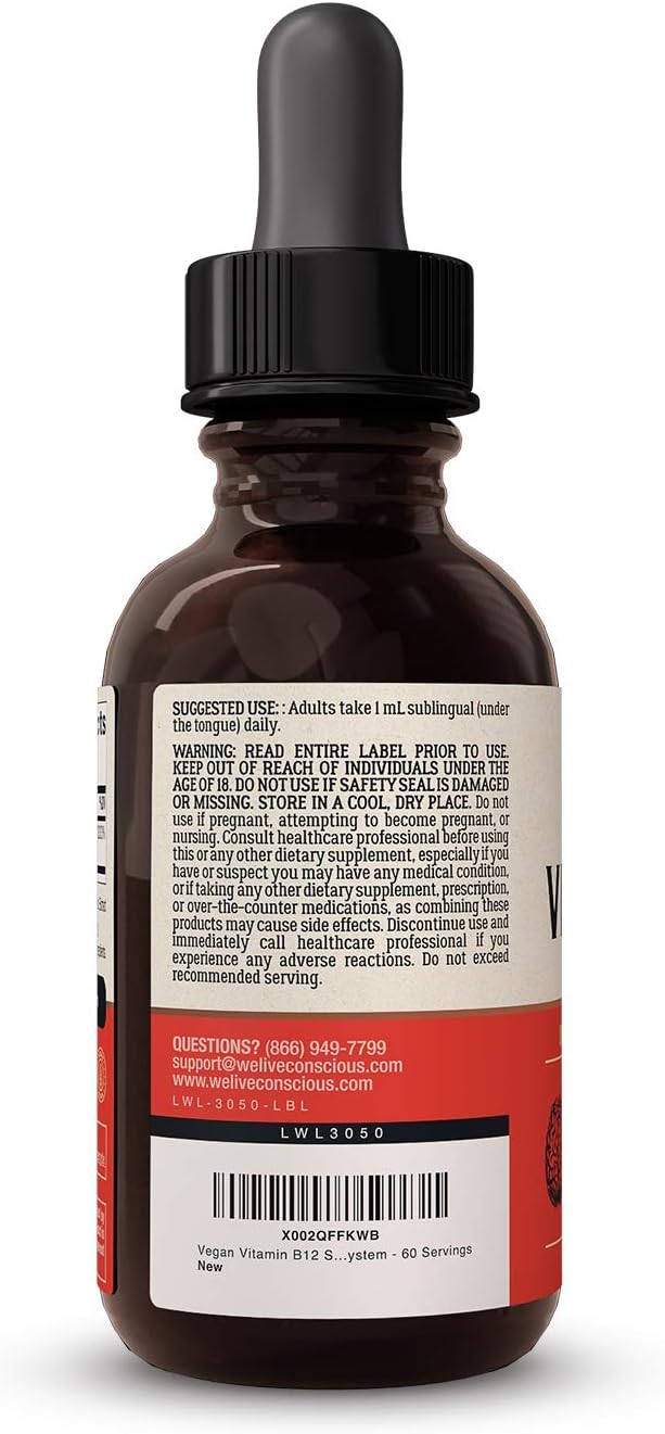 Vegan Vitamin B12 Sublingual Liquid Drops by - Methylcobalamin Max Strength B12 5000Mcg Formula - Vegan B 12 Vitamin Support Energy, Promote Memory &amp; Aid Immune System - 60 Serving