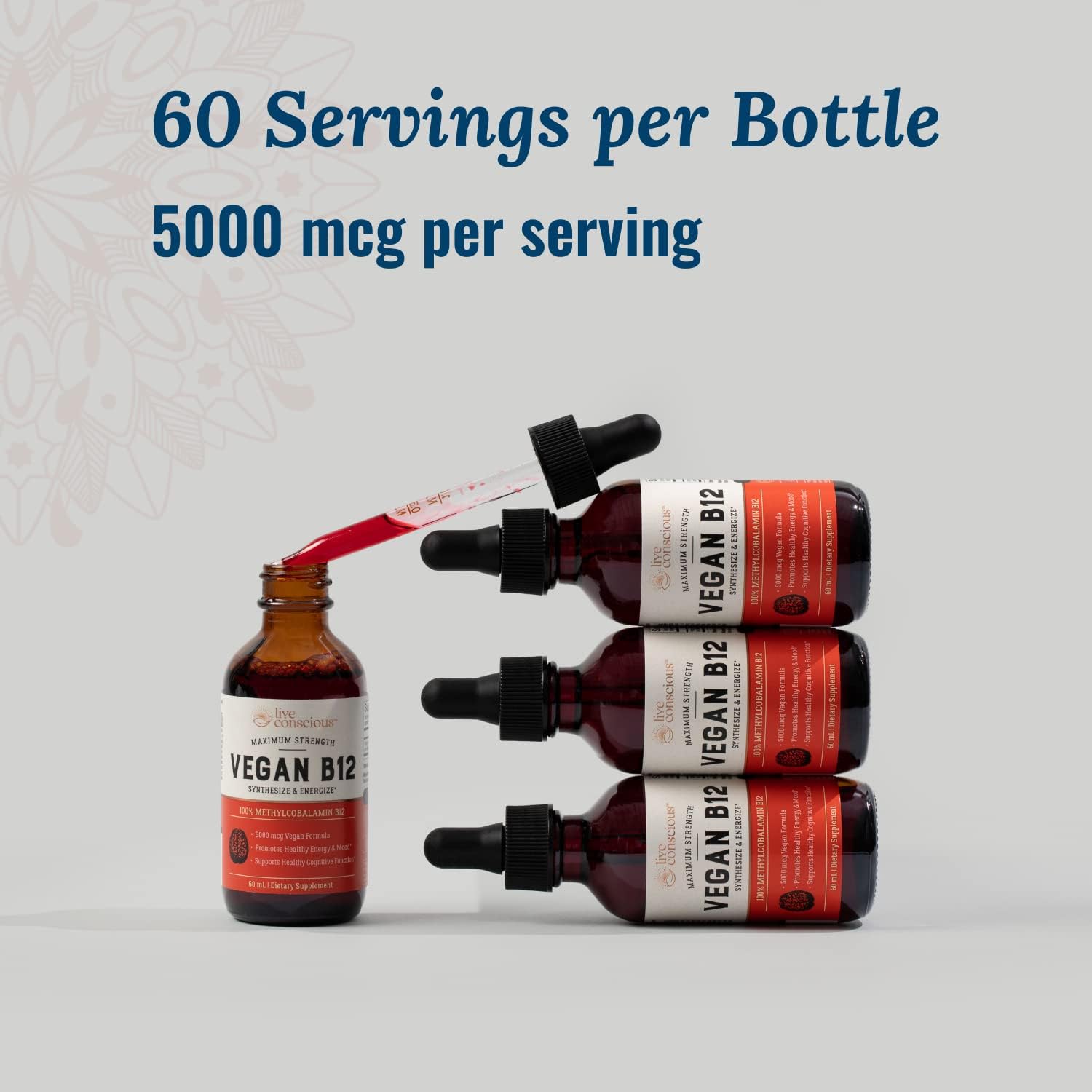 Vegan Vitamin B12 Sublingual Liquid Drops by - Methylcobalamin Max Strength B12 5000Mcg Formula - Vegan B 12 Vitamin Support Energy, Promote Memory &amp; Aid Immune System - 60 Serving