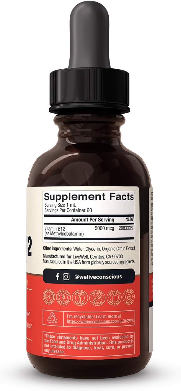Vegan Vitamin B12 Sublingual Liquid Drops by - Methylcobalamin Max Strength B12 5000Mcg Formula - Vegan B 12 Vitamin Support Energy, Promote Memory &amp; Aid Immune System - 60 Serving