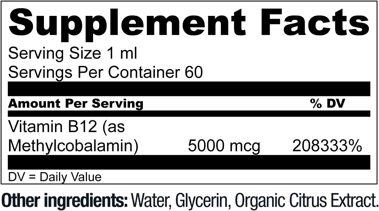 Vegan Vitamin B12 Sublingual Liquid Drops by - Methylcobalamin Max Strength B12 5000Mcg Formula - Vegan B 12 Vitamin Support Energy, Promote Memory &amp; Aid Immune System - 60 Serving