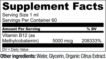 Vegan Vitamin B12 Sublingual Liquid Drops by - Methylcobalamin Max Strength B12 5000Mcg Formula - Vegan B 12 Vitamin Support Energy, Promote Memory &amp; Aid Immune System - 60 Serving