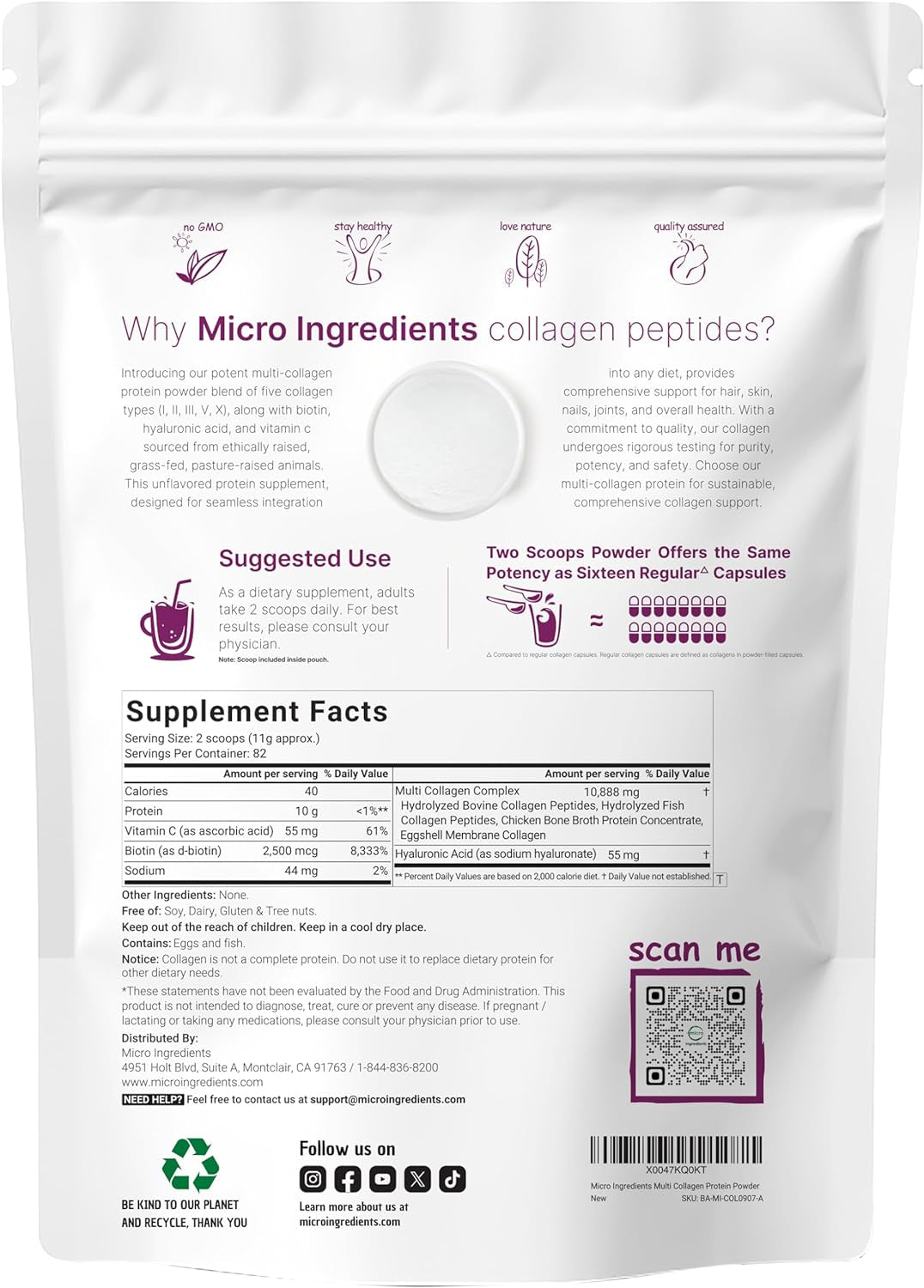Multi Collagen Protein Powder, 2 Pounds – Type I,II,III,V,X with Biotin, Hyaluronic Acid, Vitamin C – Unflavored Collagen Peptides – Keto &amp; Paleo Friendly, Easy Dissolve, Non-Gmo